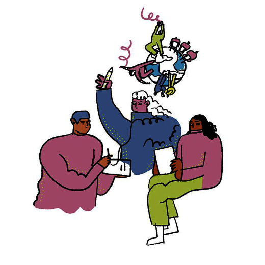 Eine Zeichnung der Illustratorin irem kurt. Im Vordergrund sind drei Personen zu sehen, die bei der Arbeit sitzen. Sie tragen bunte Kleidung. Im Hintergrund sieht man Menschen, die auf einer Weltkugel tanzen.